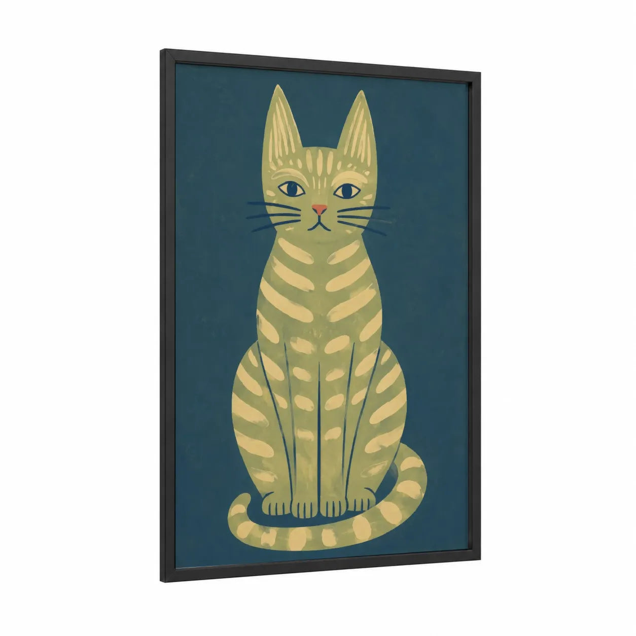 Striped Tabby Cat Wall Art framed art print — black wood frame — sage green and teal palette