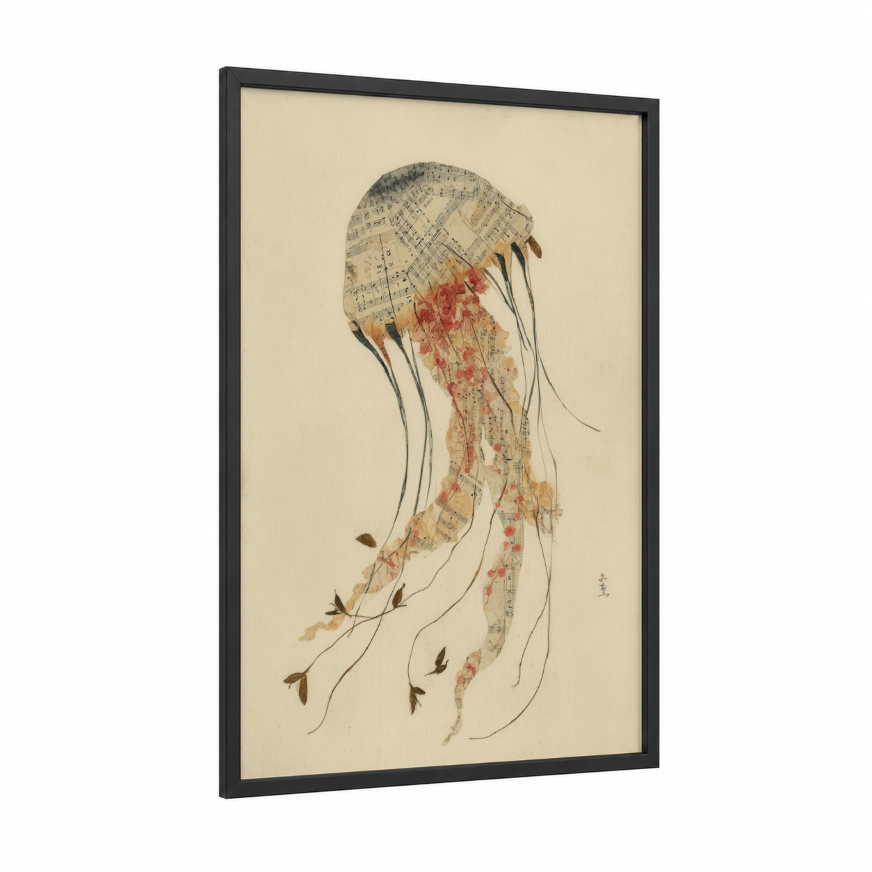 Musical Jellyfish framed art print — black wood frame — cream and salmon pink palette