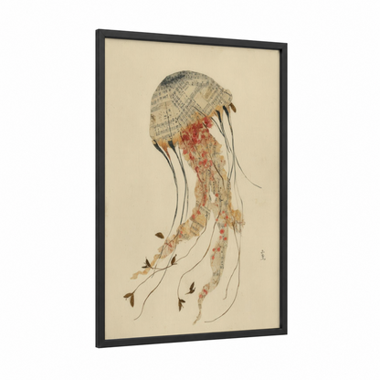 Musical Jellyfish framed art print — black wood frame — cream and salmon pink palette