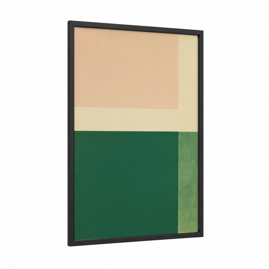Earthy Minimalist framed abstract minimalist print — black wood frame — peach and dark green palette