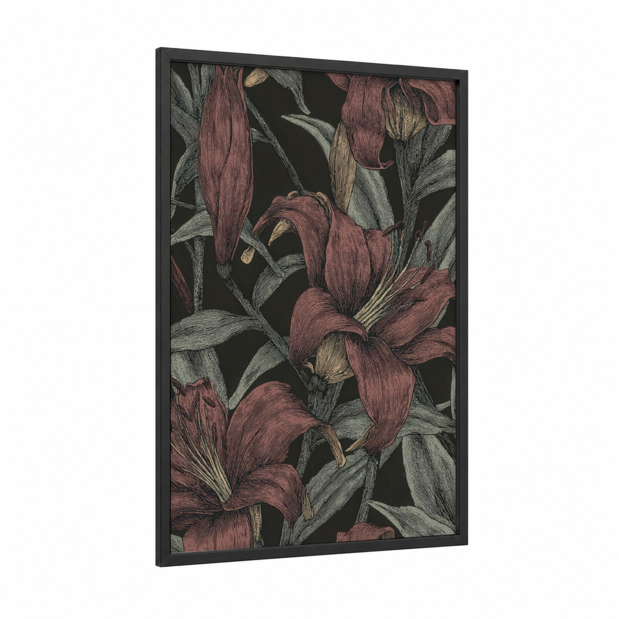 Burgundy Lily Study framed art print — black wood frame — maroon and gray palette