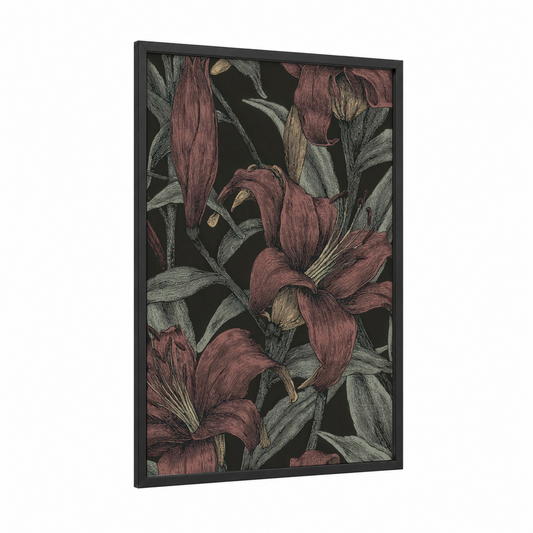 Burgundy Lily Study framed art print — black wood frame — maroon and gray palette