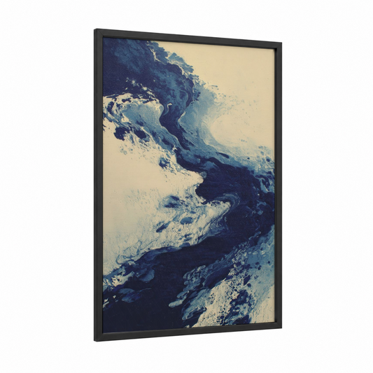 Abstract Wave Motion framed swimming print — black wood frame — cream palette