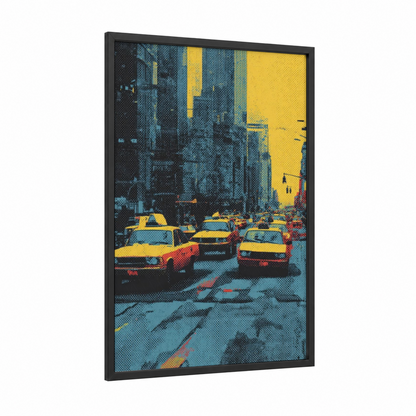 Urban Taxi Rush framed taxi cab print — black wood frame — yellow gold and blue palette
