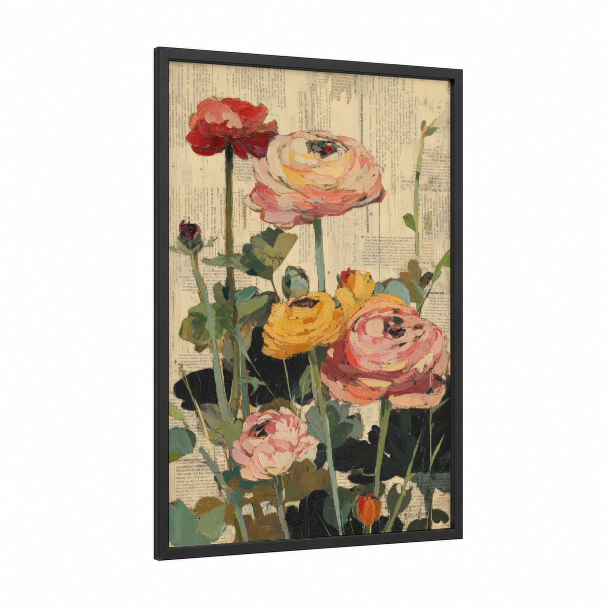 Vintage Ranunculus framed art print — black wood frame — cream and rose gold palette