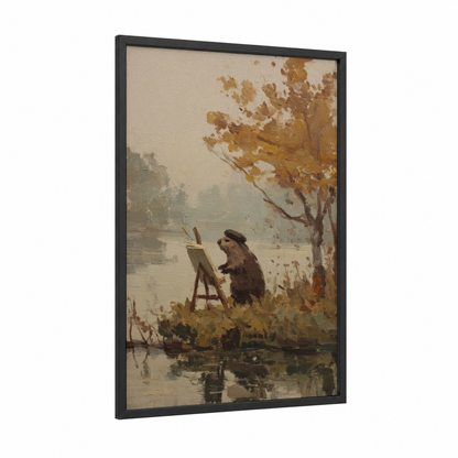 Artistic Beaver framed art print — black wood frame — cream and russet palette