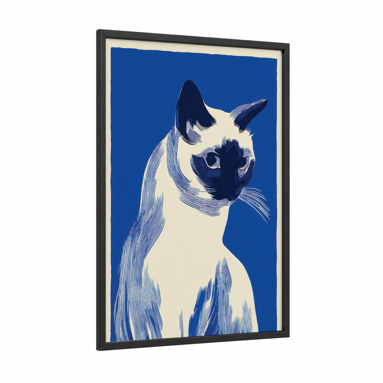Siamese Gaze framed cat print — black wood frame — blue and white palette