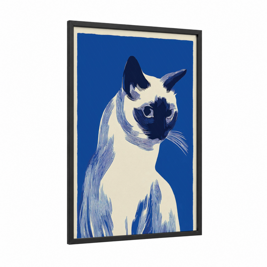 Siamese Gaze framed cat print — black wood frame — blue and white palette