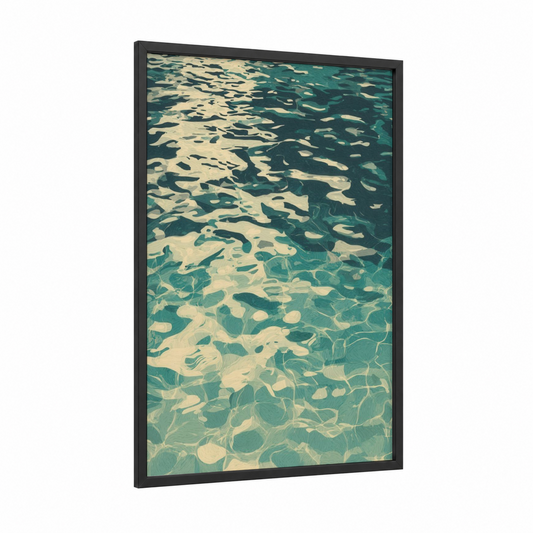 Turquoise Lake Reflections framed lakes print — black wood frame — teal and cream palette