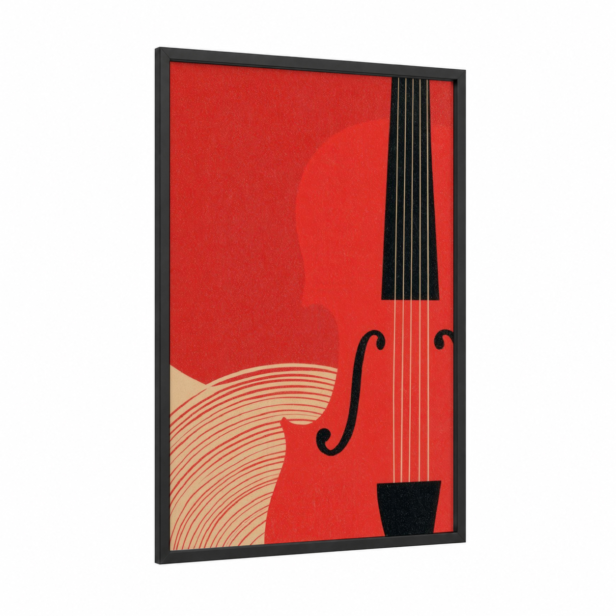 Crimson Violin framed art print — black wood frame — red and cream palette