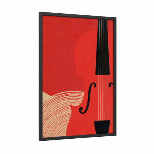 Crimson Violin framed art print — black wood frame — red and cream palette