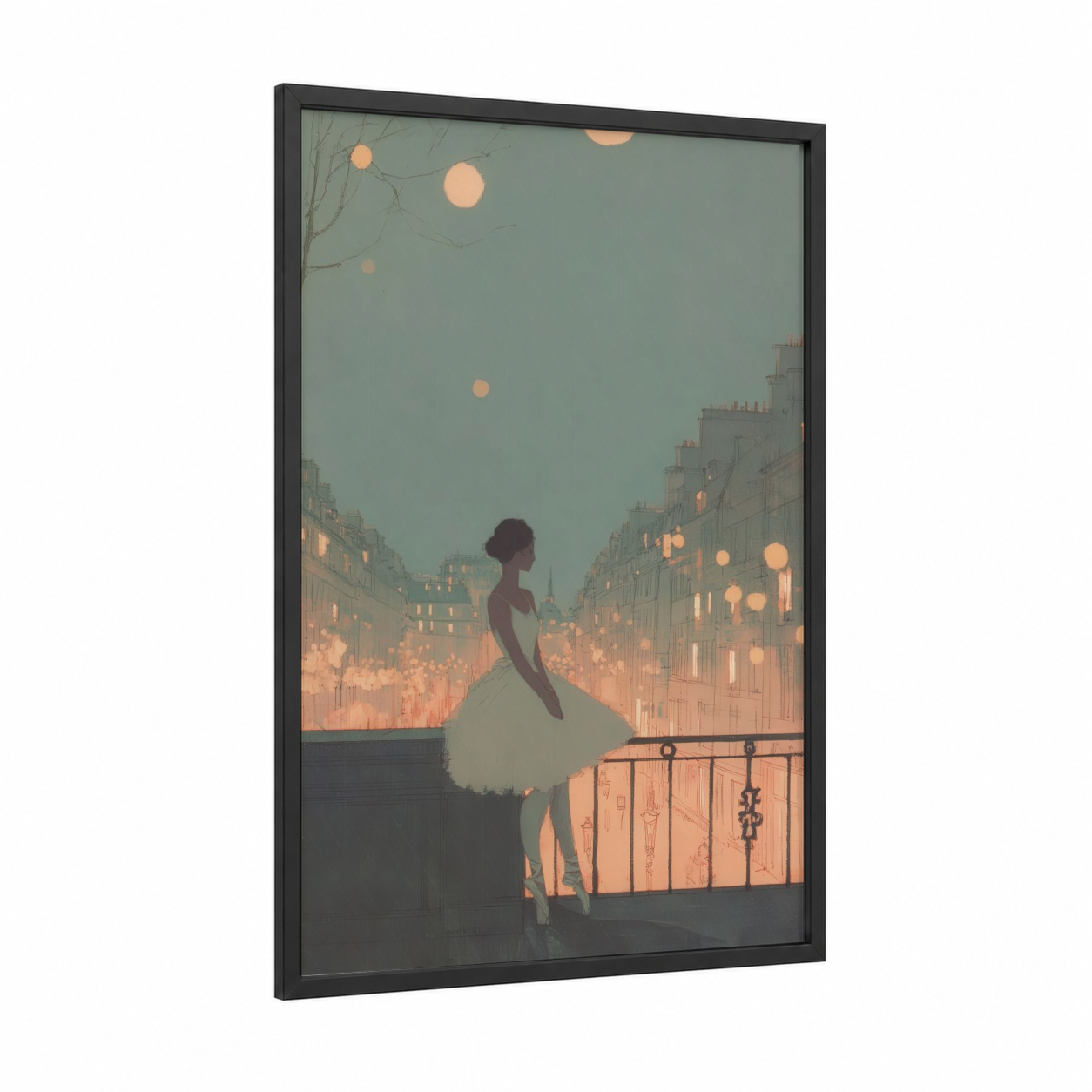 Parisian Ballet framed art print — black wood frame — peach and dove gray palette
