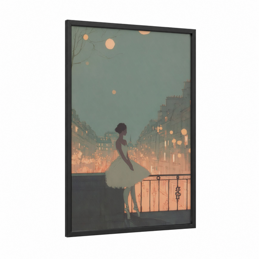 Parisian Ballet framed art print — black wood frame — peach and dove gray palette