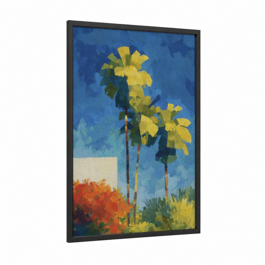 Coastal Palm Trees framed art print — black wood frame — blue and gold palette