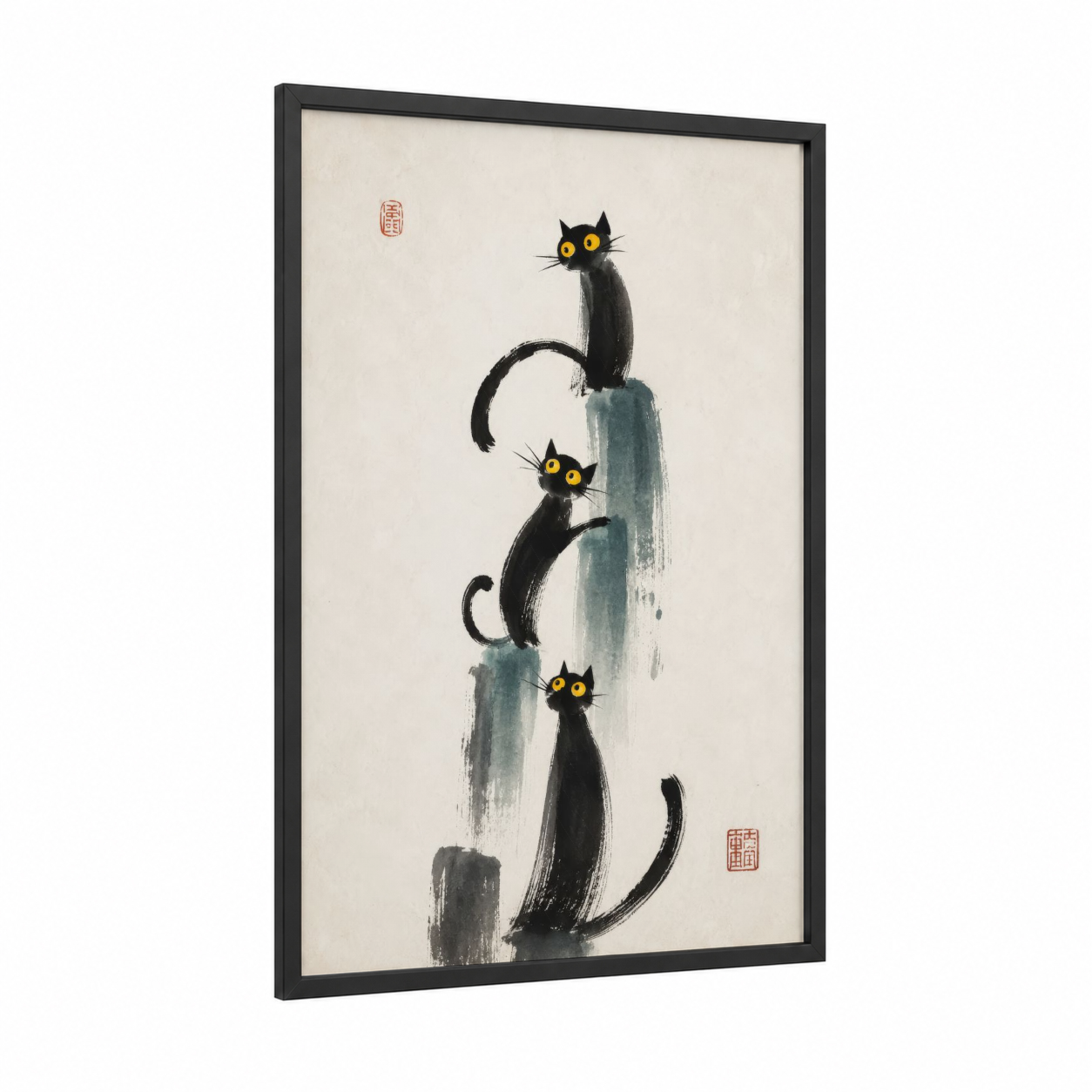 Japanese Black Cats Zen Wall Art framed art print — black wood frame — black and white and teal palette