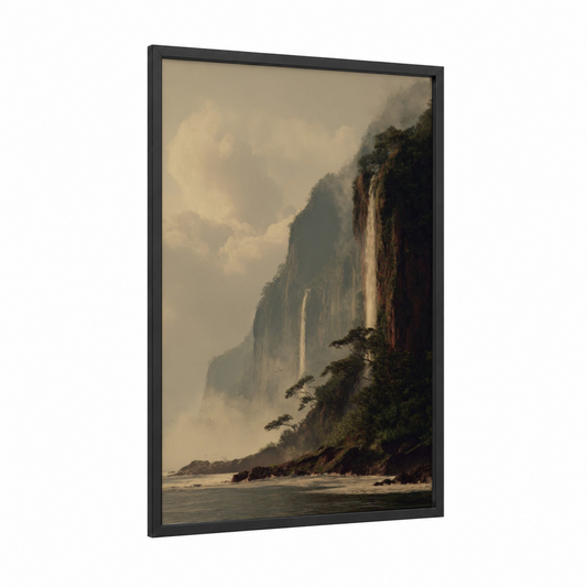 Misty Island Waterfall framed art print — black wood frame — cream and dove gray palette