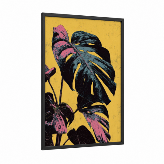 Golden Monstera framed tropical trees print — black wood frame — yellow gold and magenta palette
