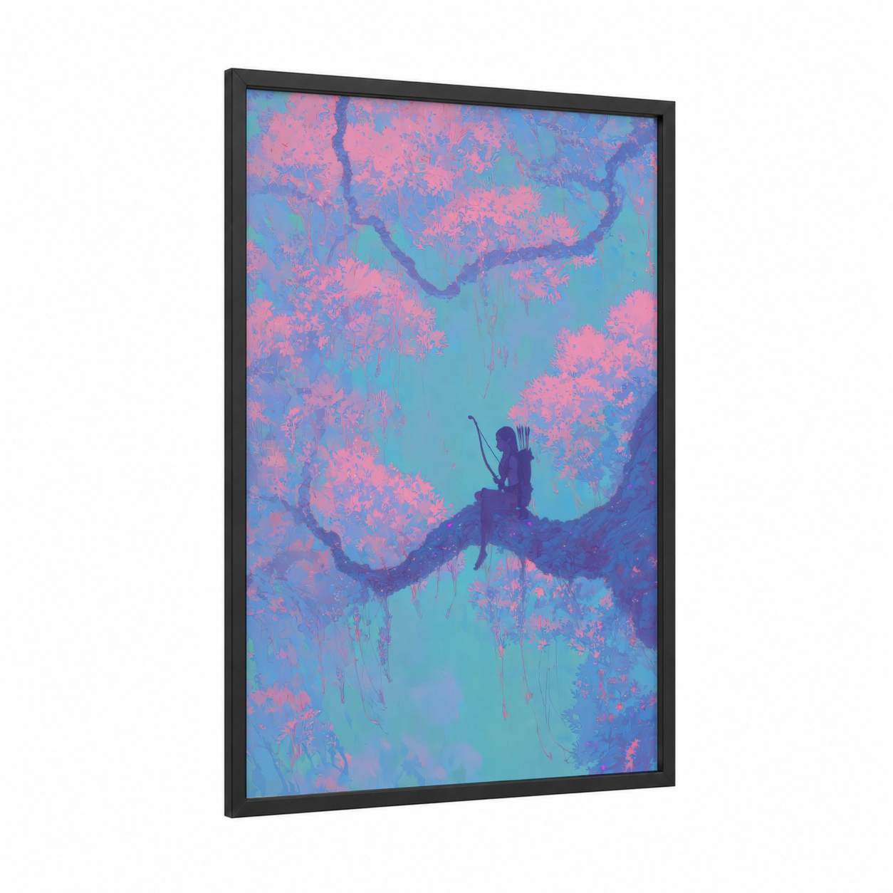 Blooming Archer framed archery print — black wood frame — blue and pink palette