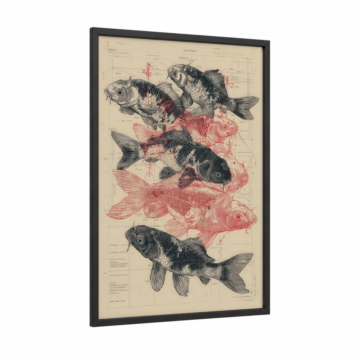 Anatomical Koi Study framed koi fish print — black wood frame — cream and salmon pink palette