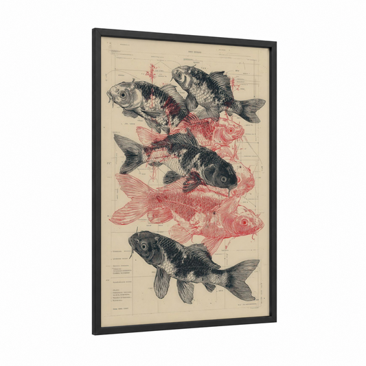 Anatomical Koi Study framed koi fish print — black wood frame — cream and salmon pink palette