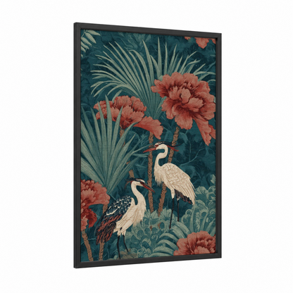 Tropical Herons framed tropical trees print — black wood frame — teal and salmon pink palette