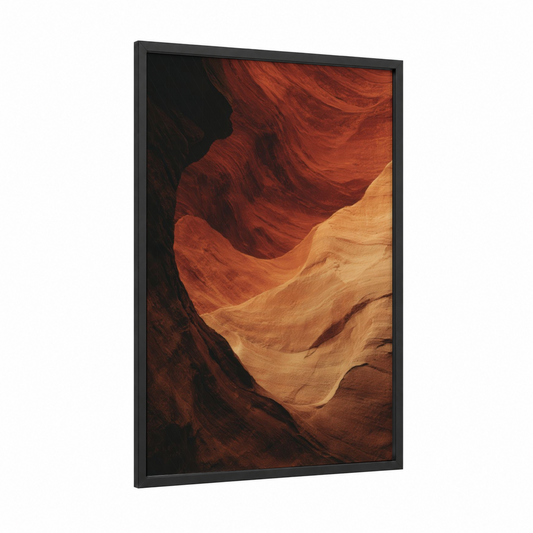 Crimson Canyon Layers framed natural stones print — black wood frame — russet and gold palette