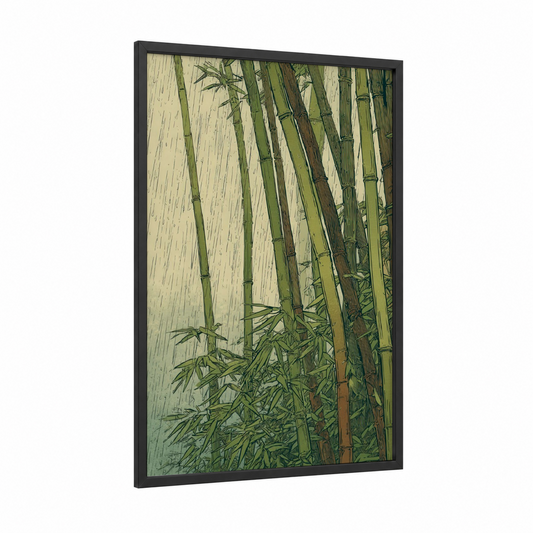 Serene Bamboo Grove framed art print — black wood frame — sage green and cream palette