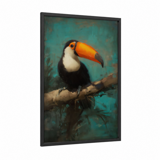 Tropical Toucan framed art print — black wood frame — teal and orange palette