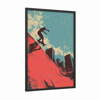 Urban Skateboarder framed skateboarding print — black wood frame — teal and red palette