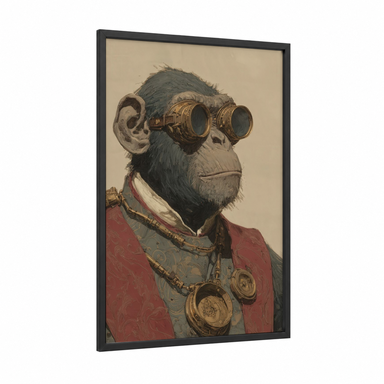 Steampunk Chimp framed chimpanzee print — black wood frame — maroon and gold palette