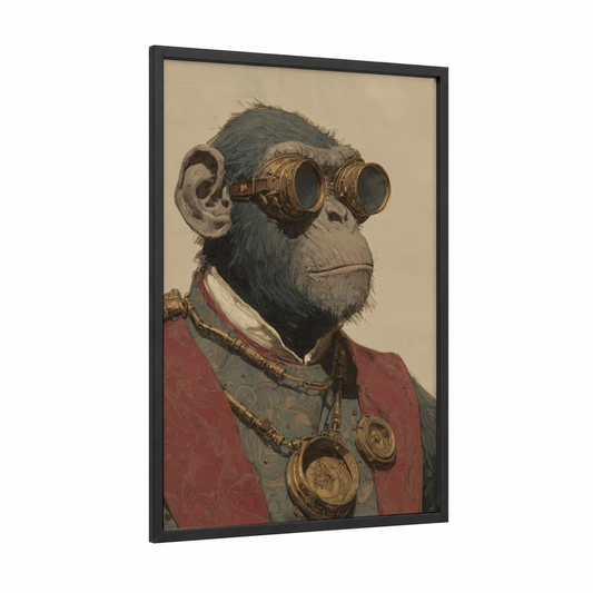 Steampunk Chimp framed chimpanzee print — black wood frame — maroon and gold palette