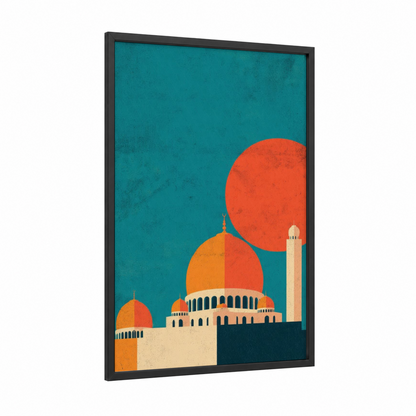 Crimson Mosque framed art print — black wood frame — teal and orange palette