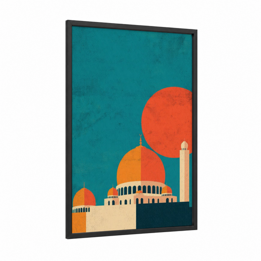 Crimson Mosque framed art print — black wood frame — teal and orange palette