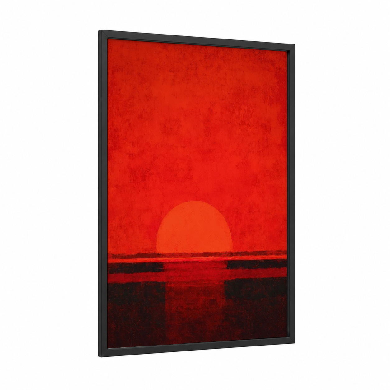 Crimson Solar Horizon framed the sun print — black wood frame — red and black palette