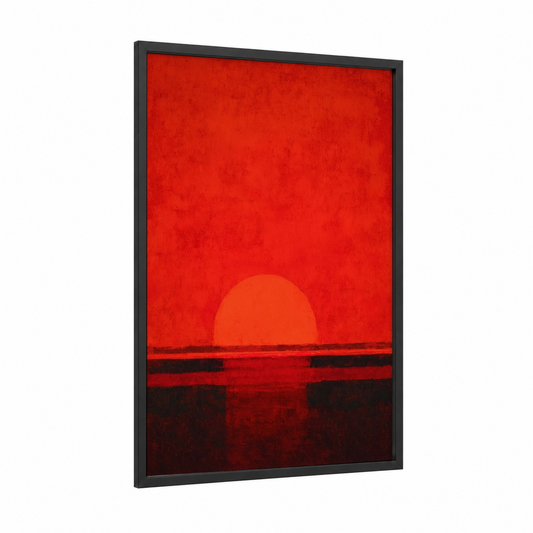 Crimson Solar Horizon framed the sun print — black wood frame — red and black palette