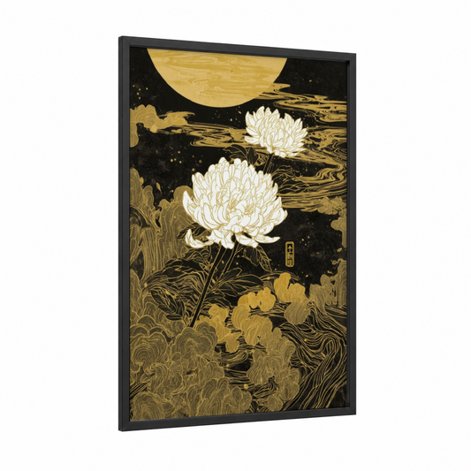 Moonlit Lotus framed abstract flower print — black wood frame — black and gold and white palette