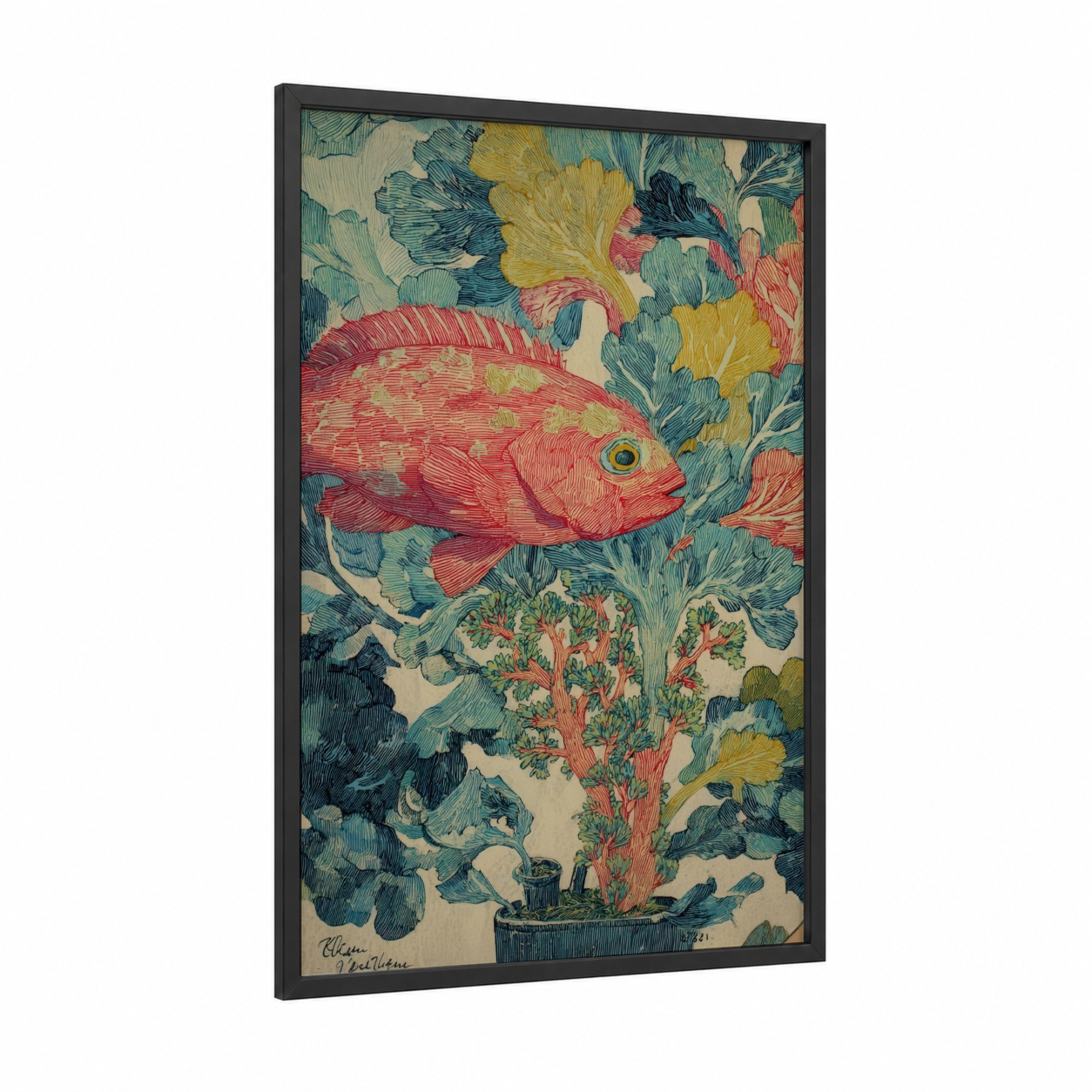 Coral Garden Fish framed art print — black wood frame — teal and gold palette