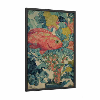 Coral Garden Fish framed art print — black wood frame — teal and gold palette