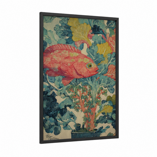 Coral Garden Fish framed art print — black wood frame — teal and gold palette