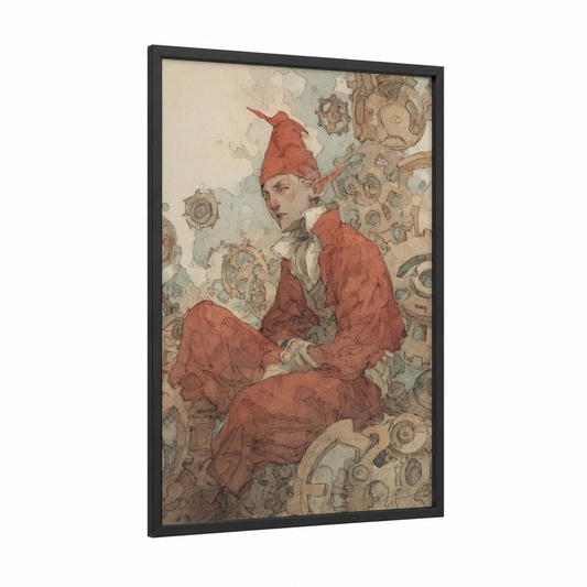Crimson Gnome Tinkerer framed elf print — black wood frame — russet and beige palette