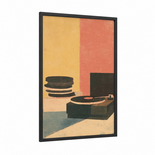 Vintage Turntable framed vinyl records print — black wood frame — yellow gold and salmon pink palette