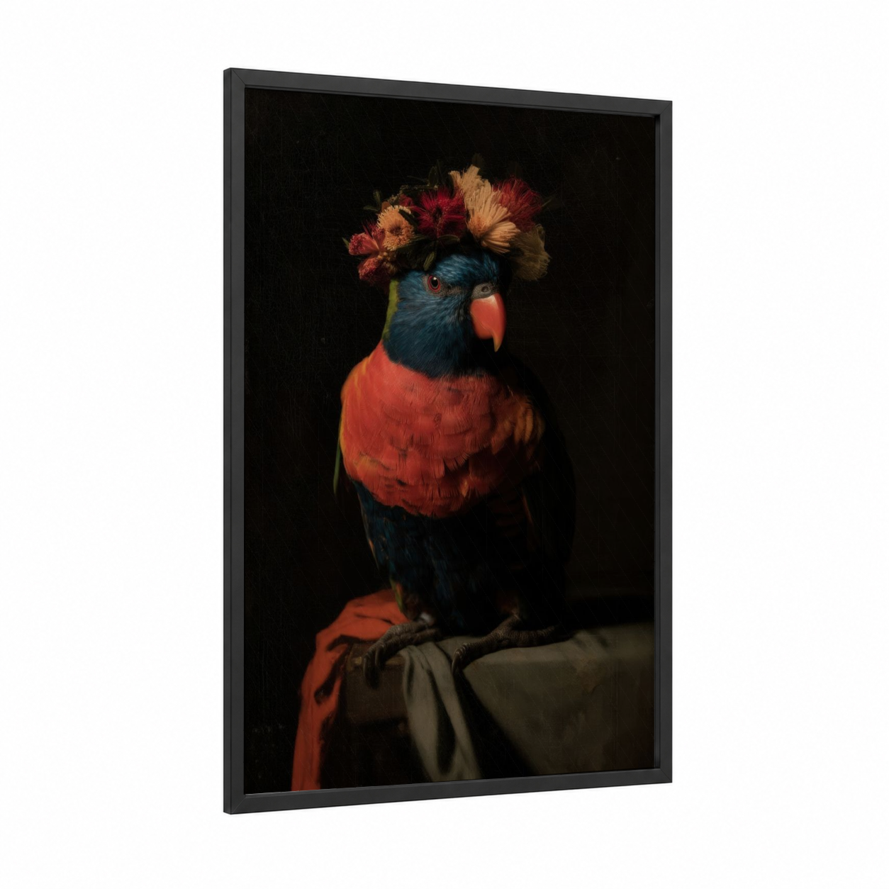 Regal Lorikeet framed rainbow lorikeet print — black wood frame — black and red palette