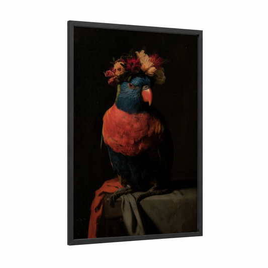 Regal Lorikeet framed rainbow lorikeet print — black wood frame — black and red palette