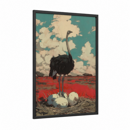 Nesting Ostrich framed art print — black wood frame — teal and red palette