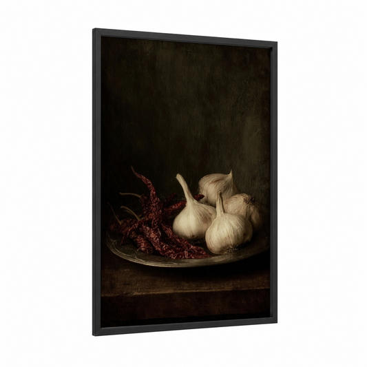 Garlic & Chili framed herbs and spices print — black wood frame — cream and maroon palette