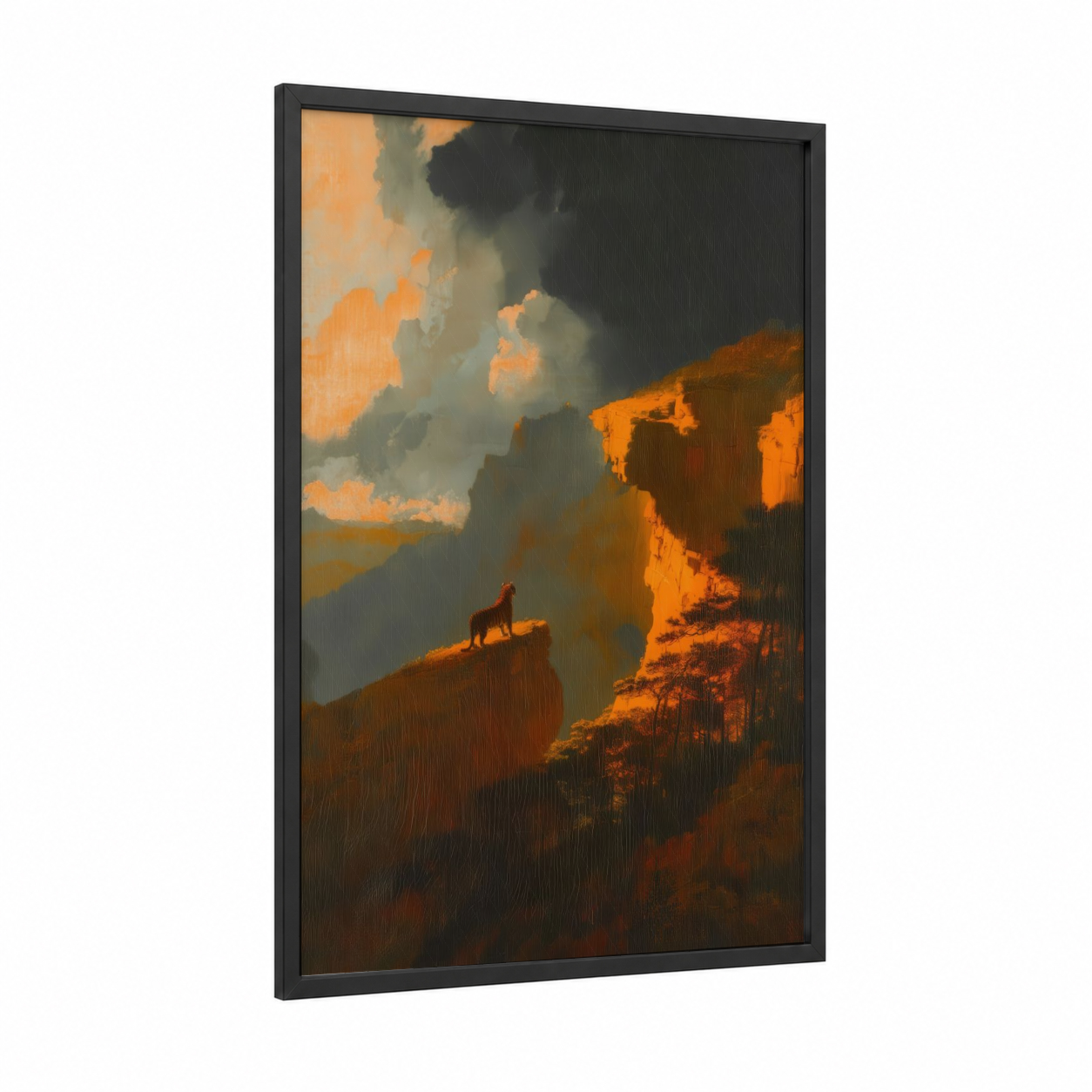Golden Cliff Tiger framed art print — black wood frame — gold and gray palette
