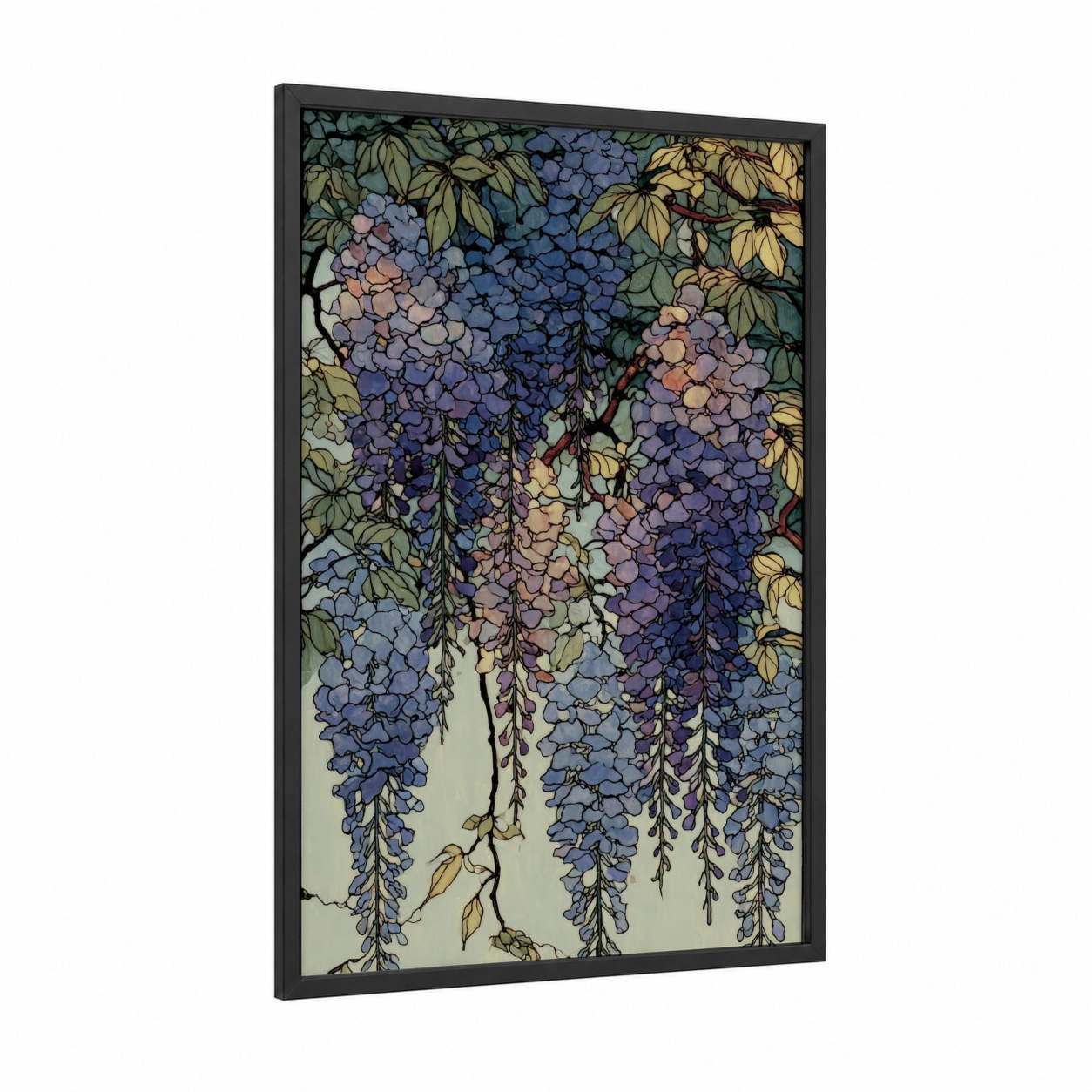 Cascading Wisteria framed art print — black wood frame — lavender and light green palette