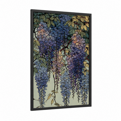Cascading Wisteria framed art print — black wood frame — lavender and light green palette