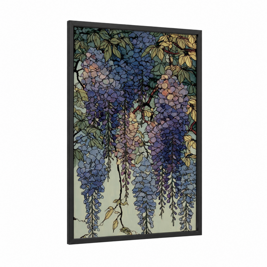 Cascading Wisteria framed art print — black wood frame — lavender and light green palette