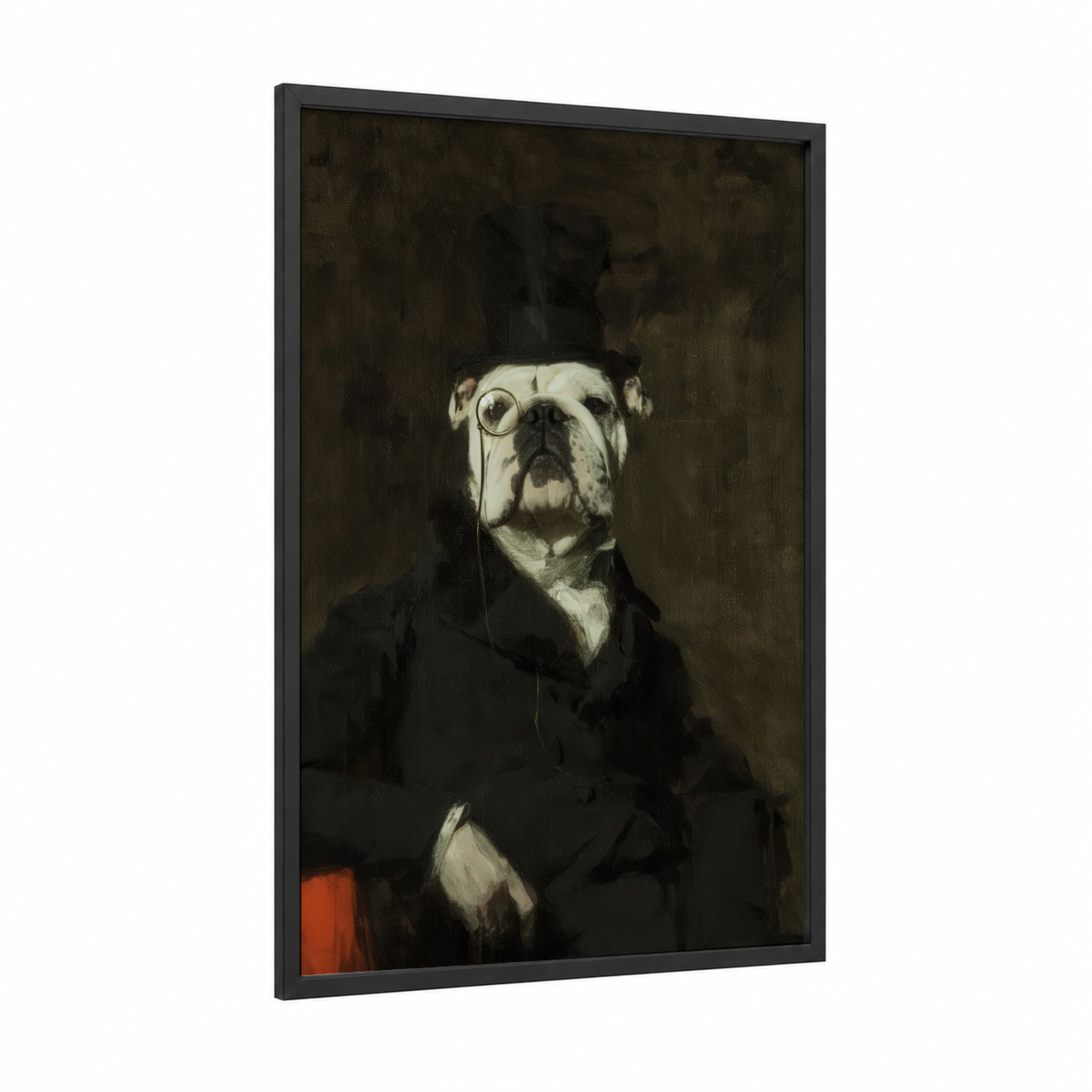 Scholarly Bulldog framed art print — black wood frame — black and white and brown palette